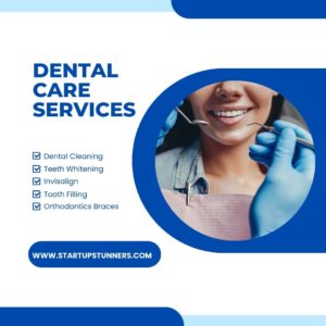a girl smiling and  a chart with dental care services 