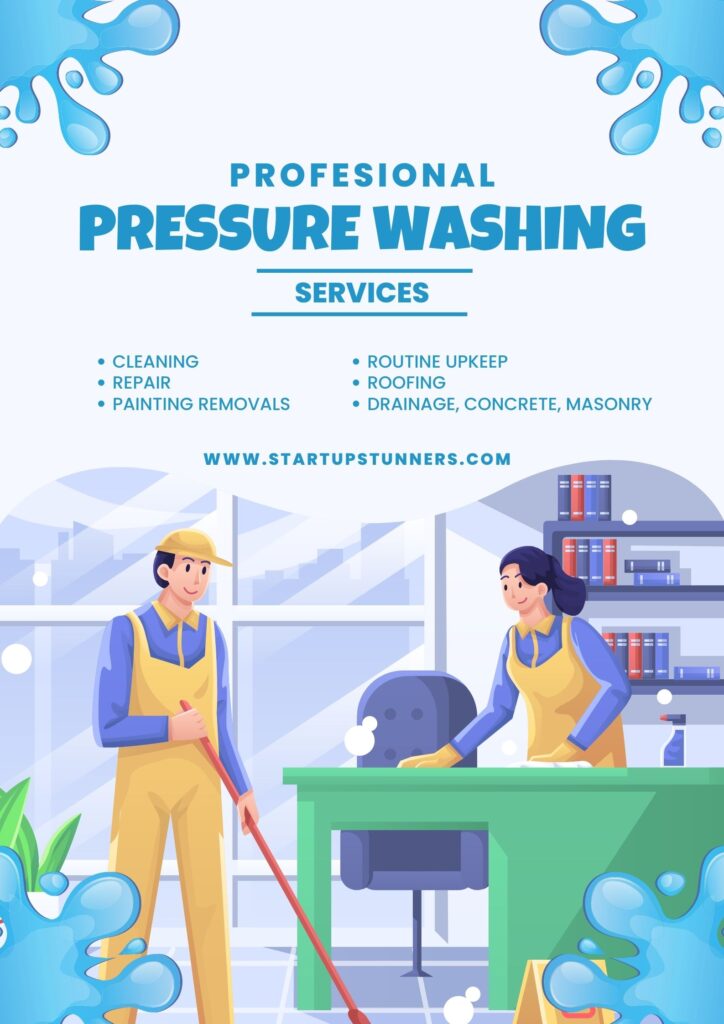 cartoonish man and woman cleaning a room giving pressure washing services