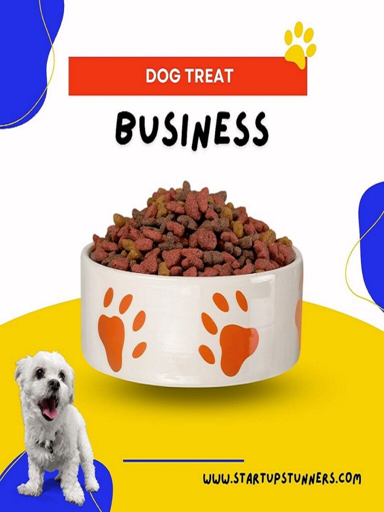 a white puppy and dog food representing Dog Treat Business