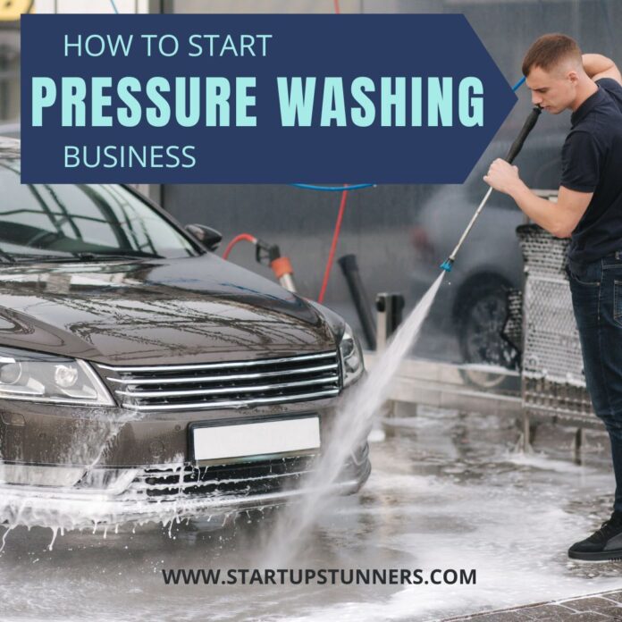 a young man washing a car having a pipe in hand with pressure and a writing there how ro start a pressure washing business