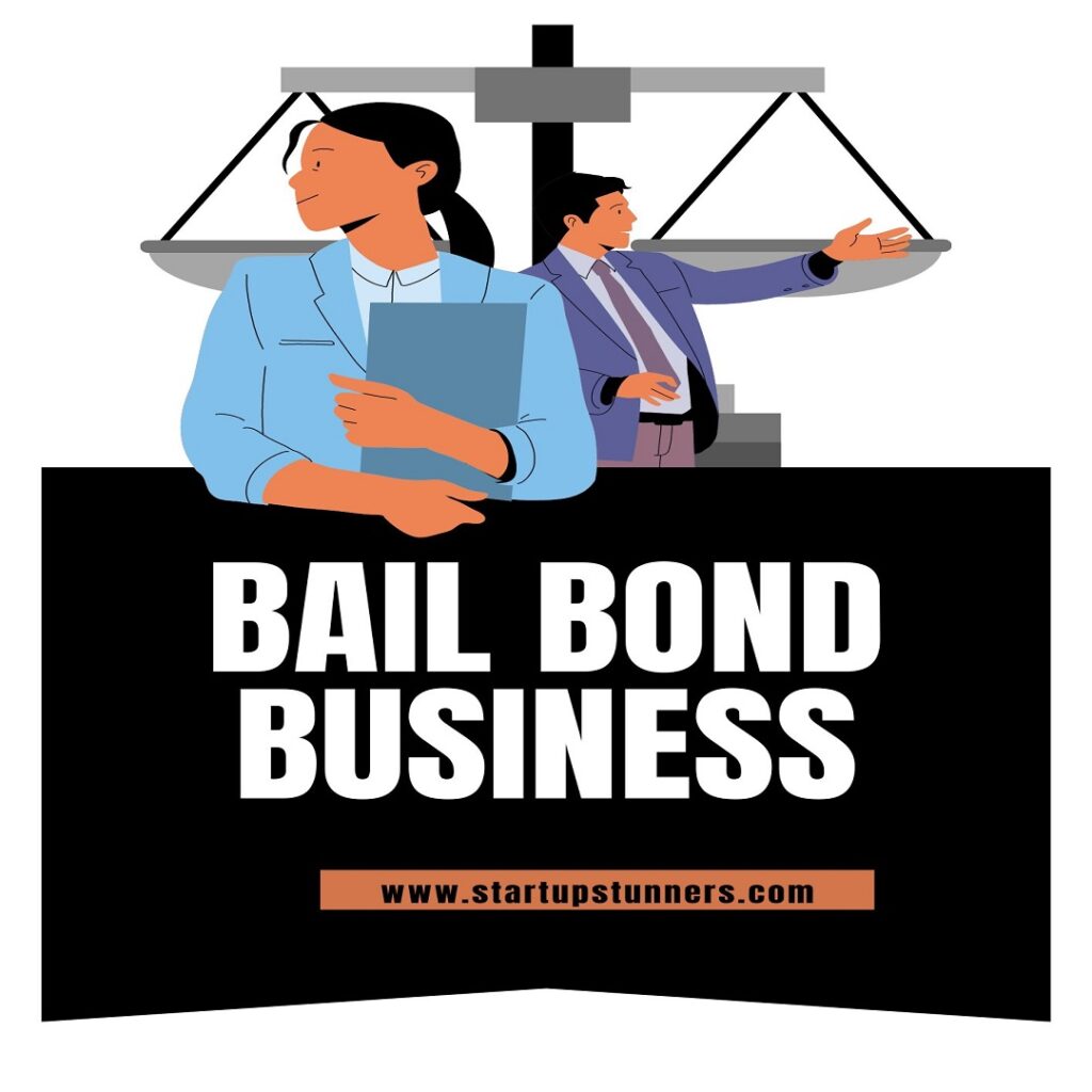 cartoonih image of a girl an boy with written message Bail Bond Business