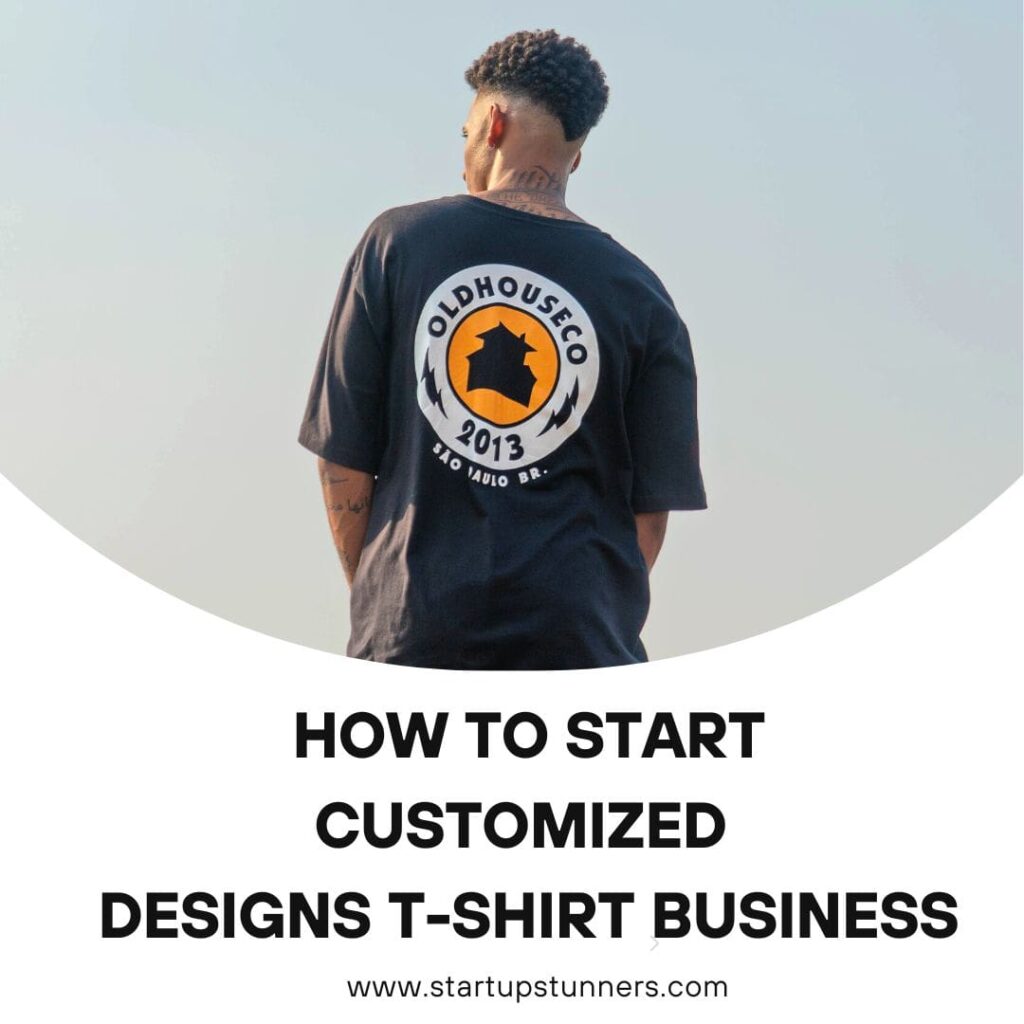 A boy wearing black customized t shirt and a text of black color written on border how to start a customized designs t-shirt business