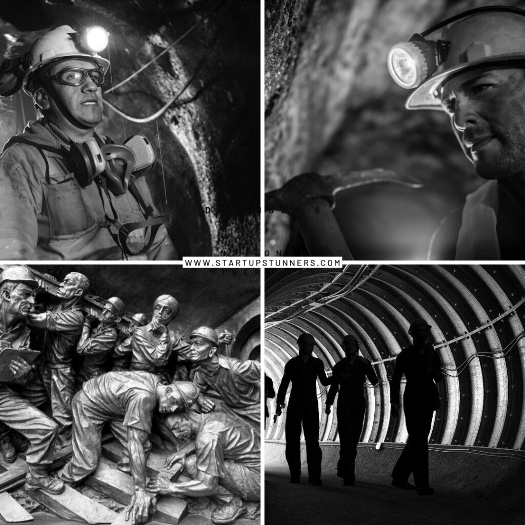 black and white image showing mining labors working